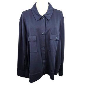 J. Jill Wearever Collection Jacket 4X Double Face Jersey Knit Flap Pocket Navy